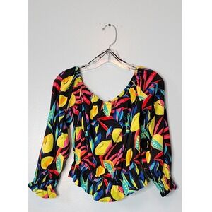 Tabitha Brown Target Blouse Womens XS Black Tropical Lemon Linen Blend NWT Boho